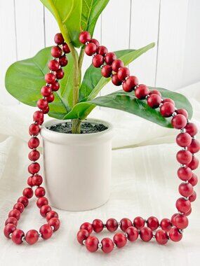 Vibrant Red Wood Beaded Statement Necklace 46"